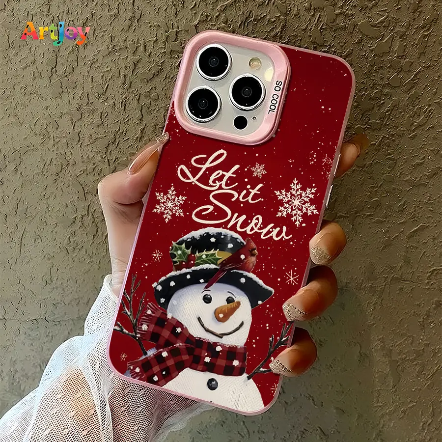 Vintage TPU Shockproof Phone Case - Christmas Themed with Snowman in Plaid Scarf, Cardinal Bird, Lettering, Snowflakes, Button, Pink Camera Frame, Compatible with iPhone 17 Pro Max,16,16 Plus,15,14,13,12, Fashion Versatile Shell, Ideal Holiday Gift