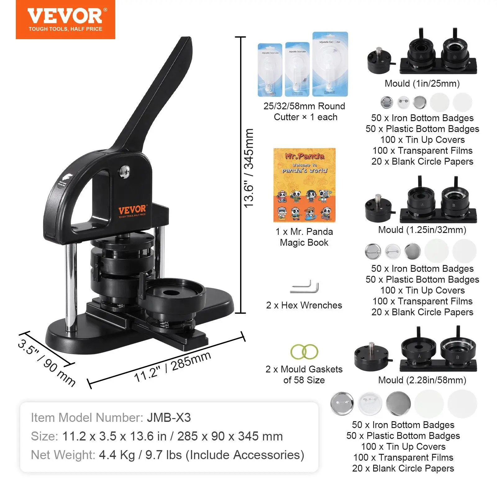 1/1.25/2.28 inch(25/32/58mm) with 300PCS - Black