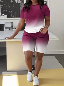 Women's Plus Size 2-Piece Casual Polyester Gradient All-Over Print Short Sleeve Round Neck Top and Shorts Set, Regular Fit, No Belt, Lady's Women's Clothes for Spring Summer Sports & Outdoor Wear,summervibes