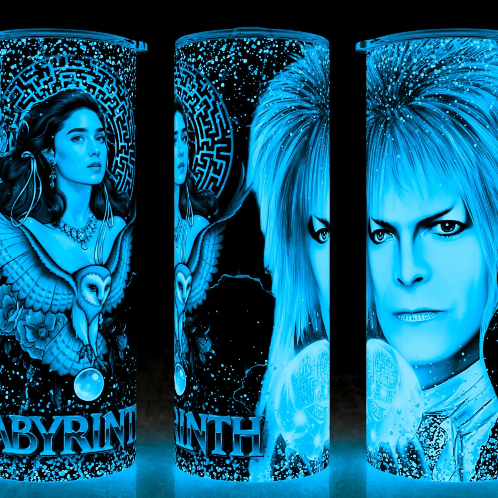 Glow in the Dark The Labyrinth 80s Movie Fantasy Jareth Goblin King and Sarah Williams Cup Mug Tumbler 20oz Stainless Steel Double Insulated Modern Drinkware with Lid & Straw for Fantasy Movie Fans