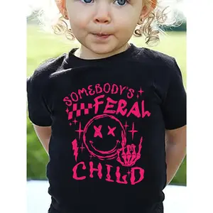 SOMEBODY'S FERAL CHILD & Cartoon Skeletal Hand Graphic Print, Girls' Casual & Comfy Crew Neck Short Sleeve T-shirt For Spring & Summer, Girls' Clothes For Outdoor Activities