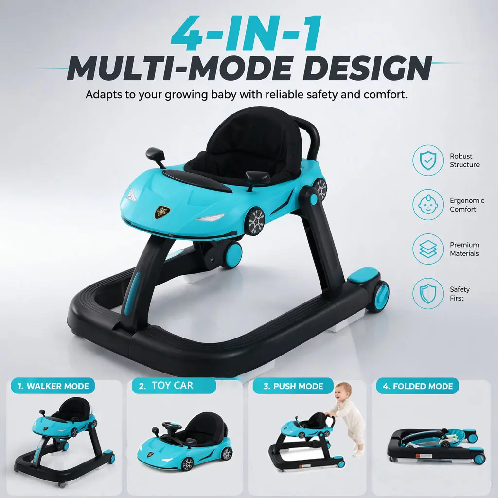 Baby Walker, Foldable Activity Walker with Adjustable Height & Speed, Music, Anti-Rollover, Toddler Push Walker, Baby Walker with Wheels for Boys Girls 6-18 Months