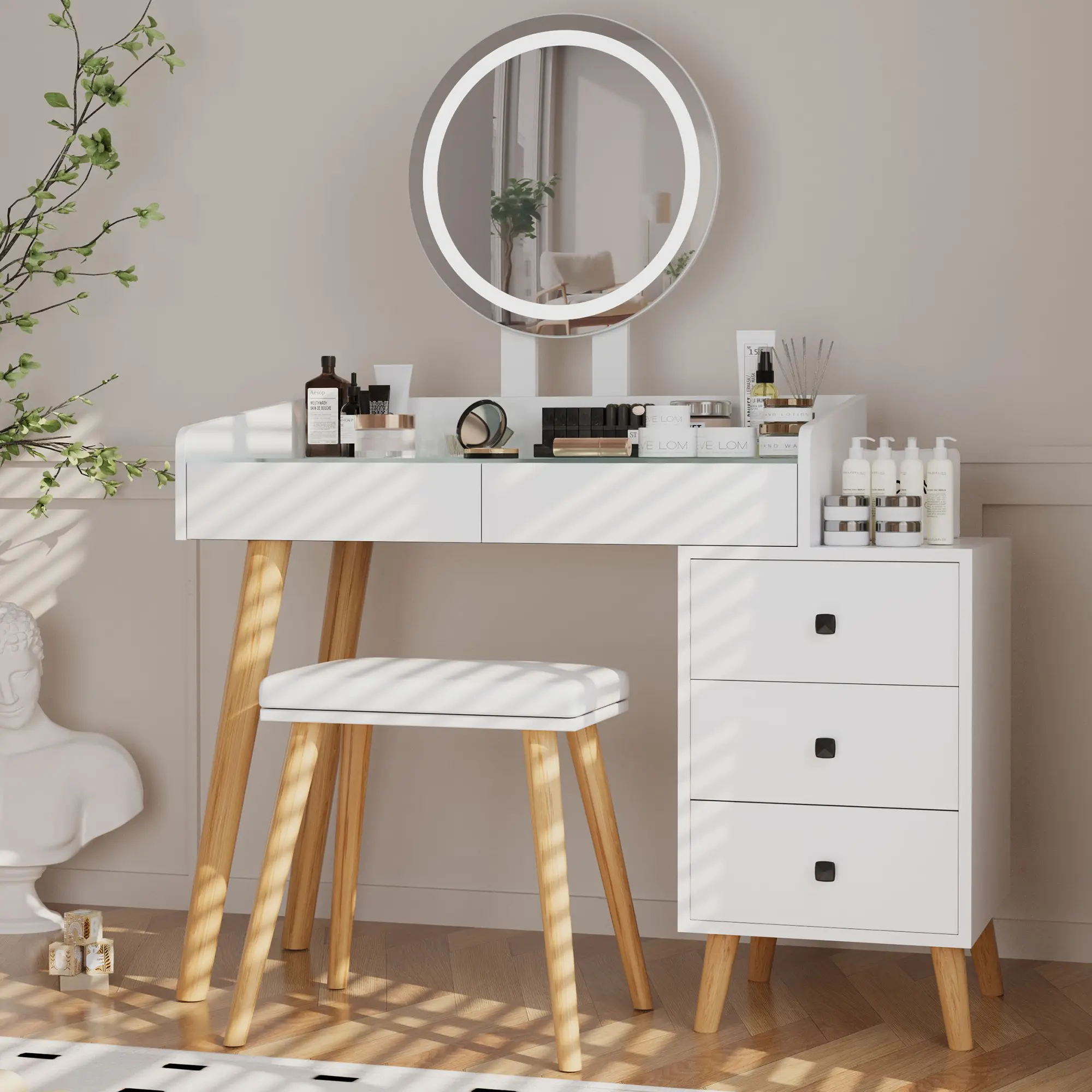 White Makeup Vanity Desk Set with LED Lights, Glass Top, Extendable Side Table, 5 Drawers, Mirror and Stool, for Bedroom, Includes Stool