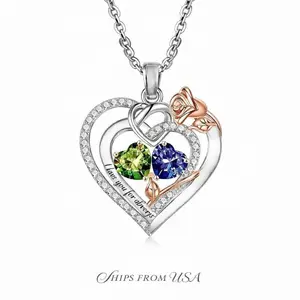 S925 Sterling Silver Double Heart Rose Pendant Necklace, 12 Birthstone Colorblock Heart Jewelry, Romantic Women's Necklace, Perfect Gift for Girlfriend & Mom, Ideal for Birthday, Valentine's Day, Mother's Day & Christmas