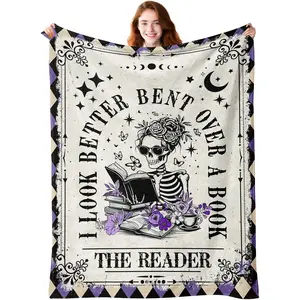 Book Lovers Gifts - Gothic Blanket for The Reader - Book Lover Gifts for Women - Bookworm Bookish Books Club Librarian Reading Gift - Skeleton Reading Blanket for Birthday 50"x60"