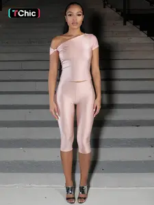 Women's One Shoulder Knot Top and High Waist Pants Set, Casual Fitted Two-Piece, Daily Streetwear Style Womenswear