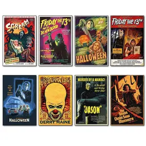 Aluminum alloy Epic classic horror canvas poster, presenting iconic scenes from 1980s and 1990s horror movies, featuring Jason, Michael, Leatherface, Ghostface, and the clown, a must-have for horror enthusiasts and collectors, suitable for living room