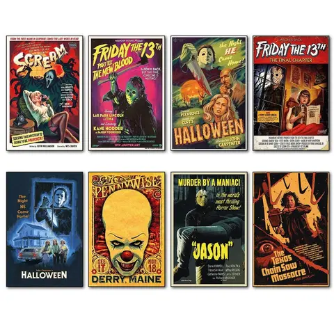 Aluminum Alloy Classic Horror Canvas Print - Artistic Creative Design Print Home Accessory, 1980s-1990s Iconic Movie Scenes, Jason-Michael-Leatherface-Ghostface Clown Designs, Horror Lover Gifts, Living Room Decoration & Room Inspo