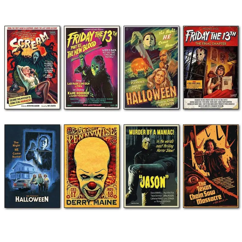 Aluminum Alloy Classic Horror Canvas Print - Artistic Creative Design Print Home Accessory, 1980s-1990s Iconic Movie Scenes, Jason-Michael-Leatherface-Ghostface Clown Designs, Horror Lover Gifts, Living Room Decoration & Room Inspo