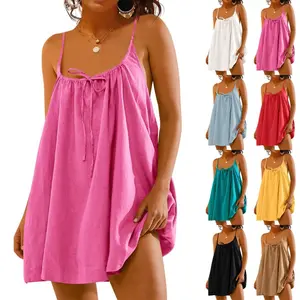 Danedvi Women's Linen Spaghetti Strap, Sleeveless, Tie Backless Beach Cami Mini Dress, Bathing Suit Cover, Casual Summer Dress with Pockets, Casual Dress