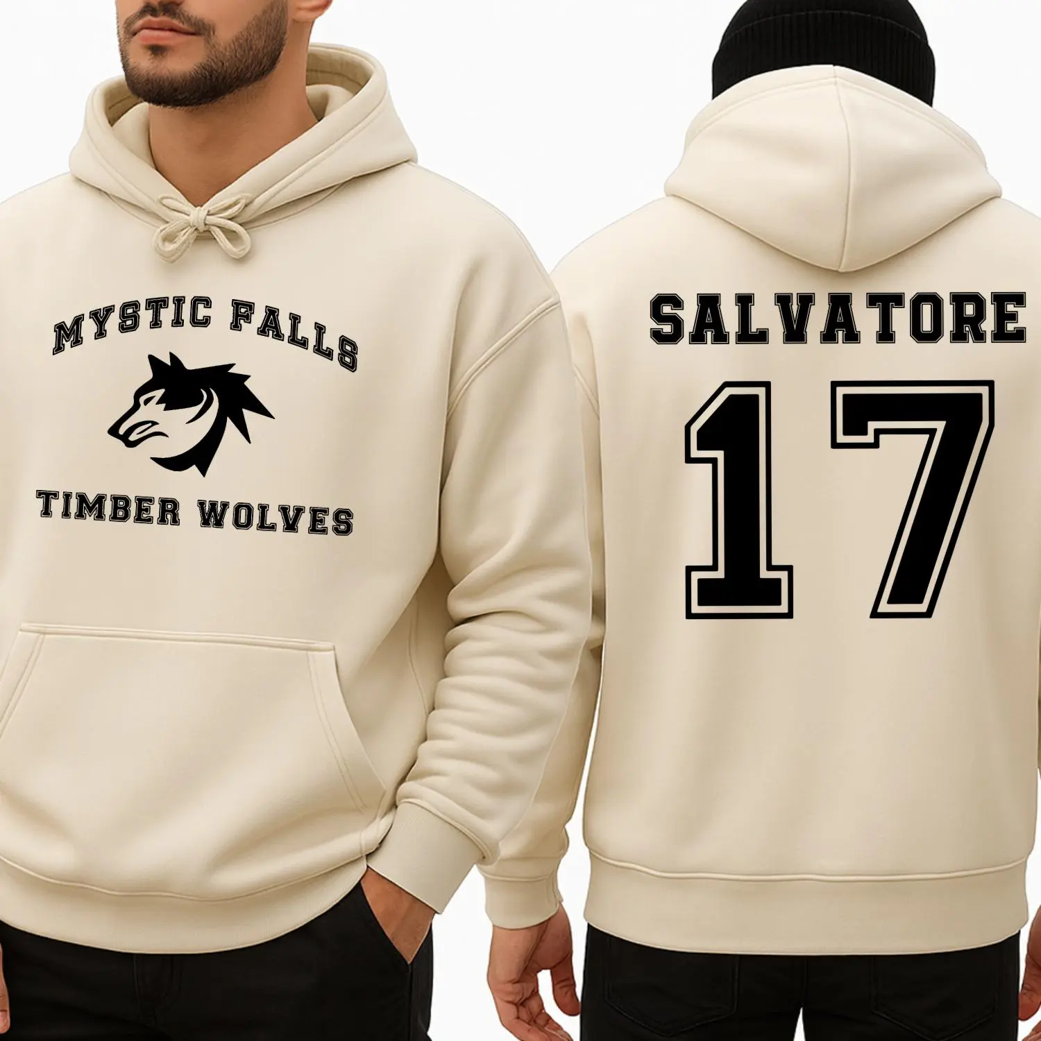 The Vampire Diaries Inspired Hoodie, Mystic Falls Salvatore 17 Front & Back Graphic Pullover, Unisex Casual Streetwear Long Sleeve Apparel Fitted Womenswear