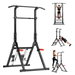 Soges 3-in-1 Height Adjustable Power Tower Pull Up Bar Dip Station with Stepper Climber, Heavy Duty Triangle Structure Strength Training Machine for Home Gym, Multi-Functional Exercise Bar with 6-Level Stepper & Push-Up Handles, Black, 330LBS Capacity