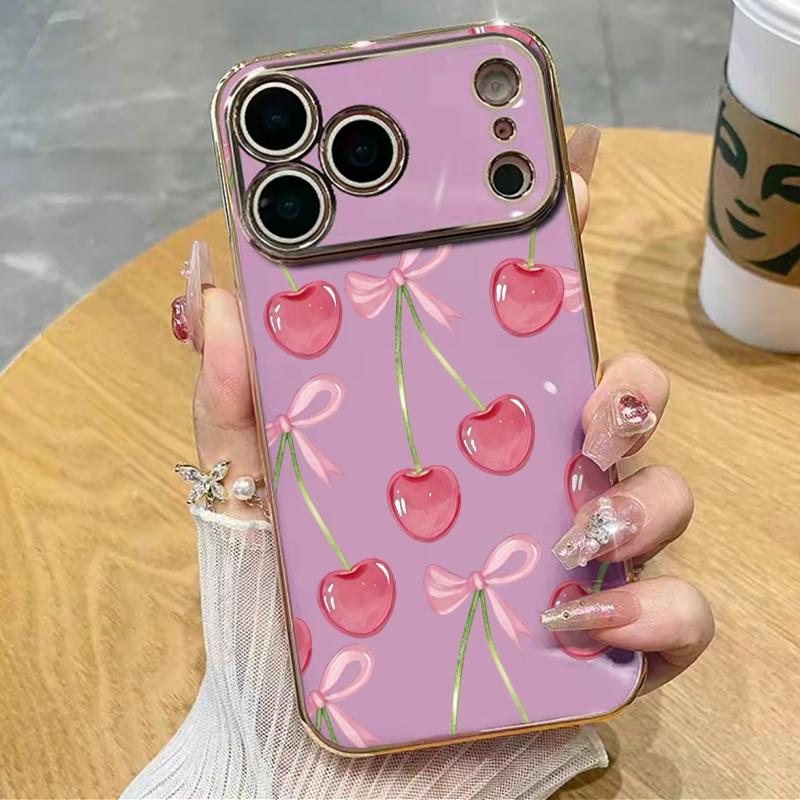 Juicy Pink Cherry Illustrations Phone Case Adding A Touch Of Fresh Romantic Charm To Your Daily Device Premium 6D Solid Color Electroplated With A Smooth Glossy Metal-Like Finish l For Iphone 17 16 15 14 13 12 11