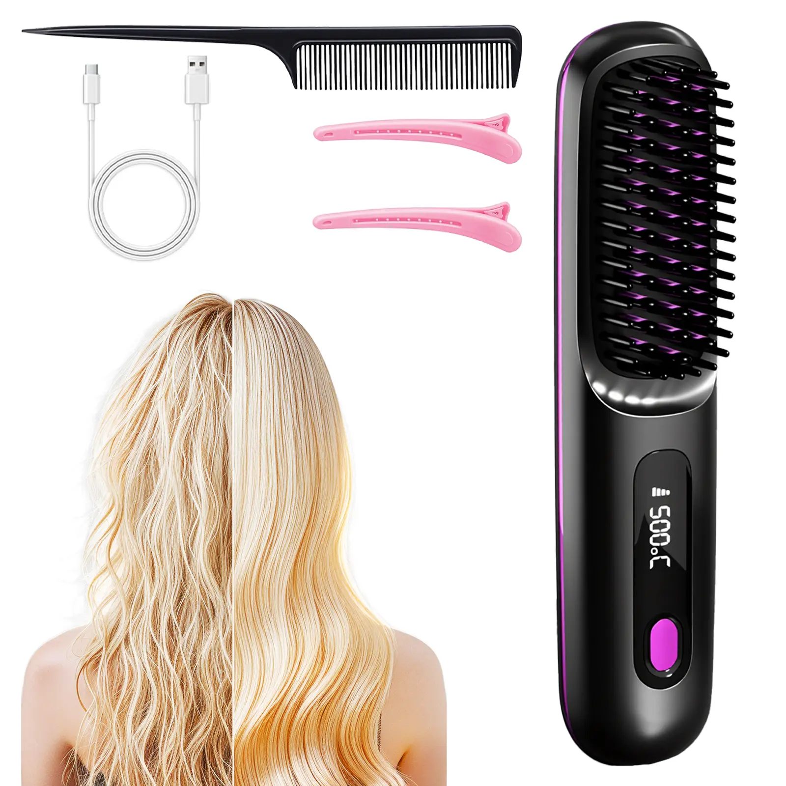 BRIGTLAIFF Cordless Ionic Hair Straightener Brush - Portable Mini Travel Hot Comb for Women, 3 Temp Settings, LED Display, Smooth Results