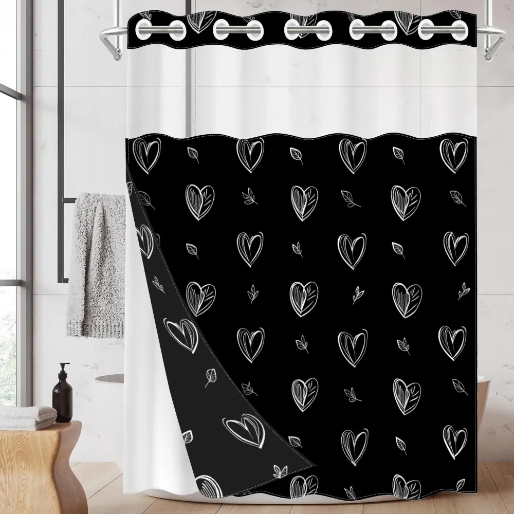 1pc hookless shower curtain with buckle lining, Printed shower curtain, black and white heart and flower pattern design, 2D flat printing, fabric waterproof lining, see-through double-layer shower curtain, 71 x 74 inches, Bathroom Curtain