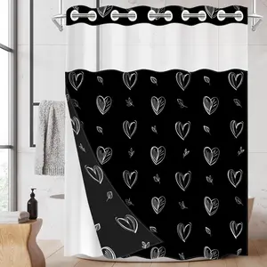 1pc hookless shower curtain with buckle lining, black and white heart and flower pattern design, 2D flat printing, fabric waterproof lining, see-through double-layer shower curtain, 71 x 74 inches, modern home curtain decoration, Bathroom Curtain