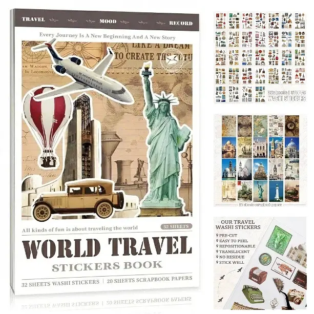 52-Sheet Travel Sticker Book with Tweezers - 377-Pc Sticker Packs (Scrapbook Materials, Paper Cutout, Novelty Print, Washi Tape) for Scrapbooking & DIY Crafts, Premium Waterproof Tear-Resistant, Paper Cutout Stickers