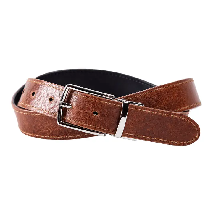 Ryan Two-in-One Reversible Leather Belt Full-grain Italian Leather Stitched Black & Dark Brown 1.2 Inch Width 7 Holes