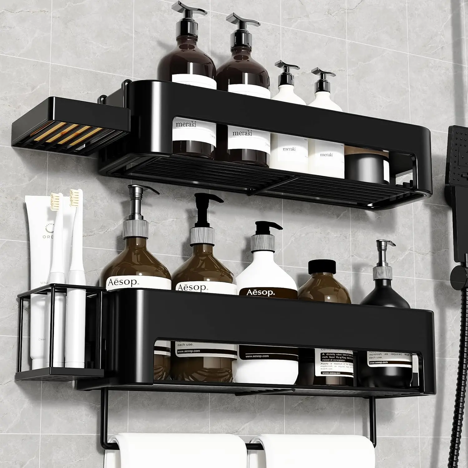 Adhesive Wall Mount Shower Caddy, 15x15 inches 4-Piece Set Shower Organiser, Heavy-Duty No-Drill Antitilt Design Bathroom Shelf for Home Storage & Bathroom Upgrade (Black)