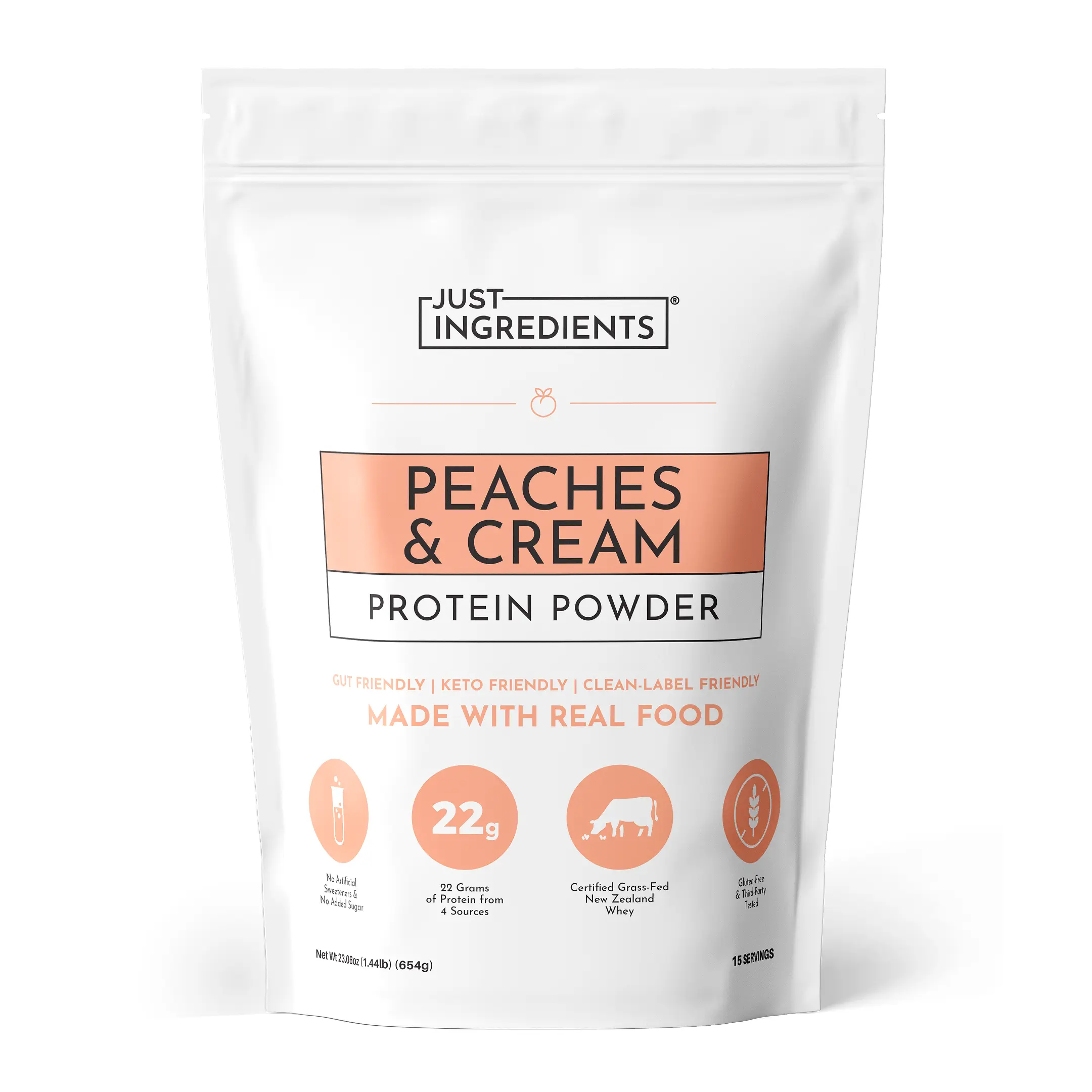Just Ingredients - Peaches and Cream Protein Powder (15 servings) - with Certified New Zealand Grass-fed Whey Just Ingredients - Peaches and Cream Protein Powder (15 servings) - with Certified New Zealand Grass-fed Whey