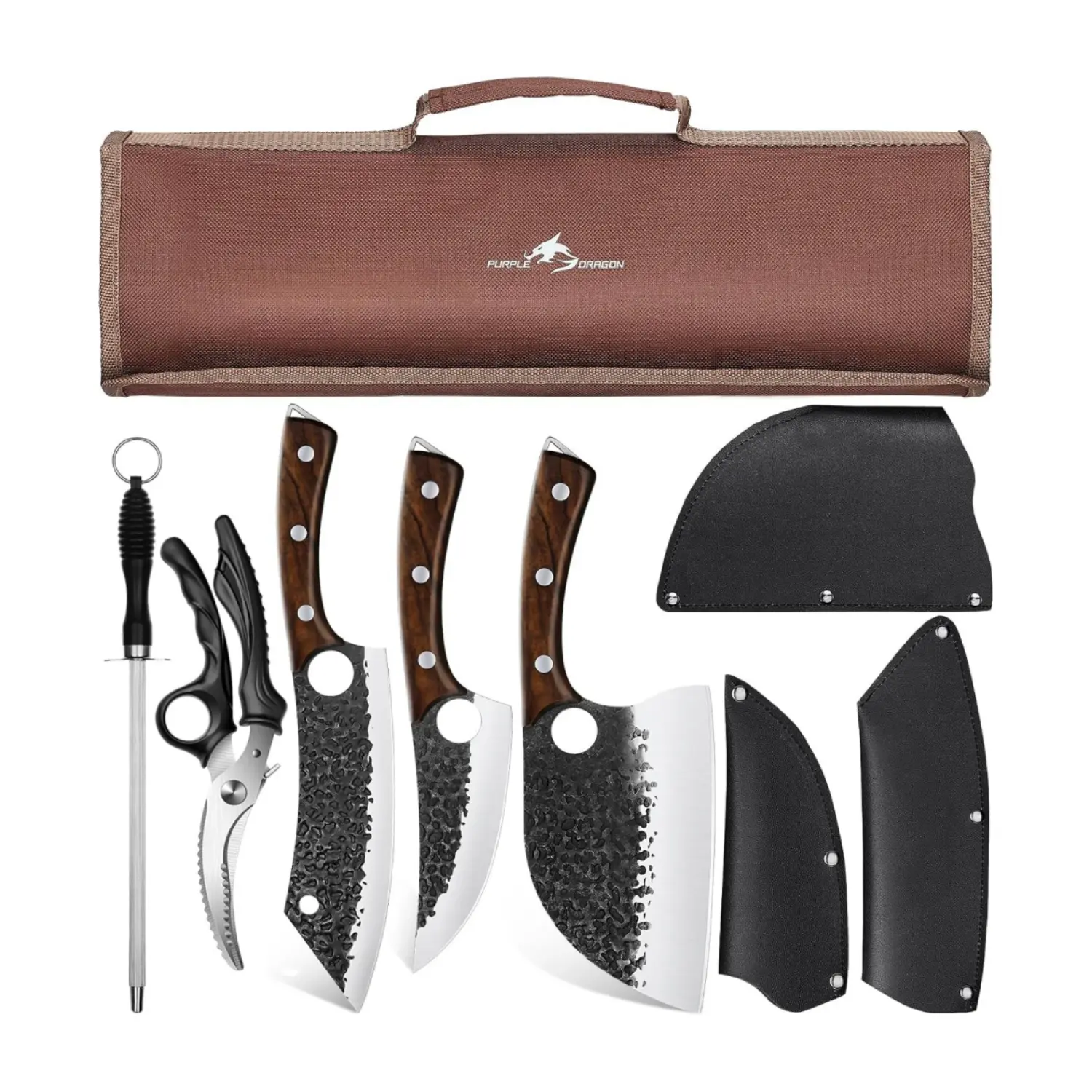 Purple Dragon Butcher Knife Set, 9 Pcs Chef Knife Set - Hand Forged Serbian Chef Knife Meat Cleaver Boning Viking Knives, Kitchen Knives Set with Roll Bag for Home Cooking, Outdoor Camping, BBQ