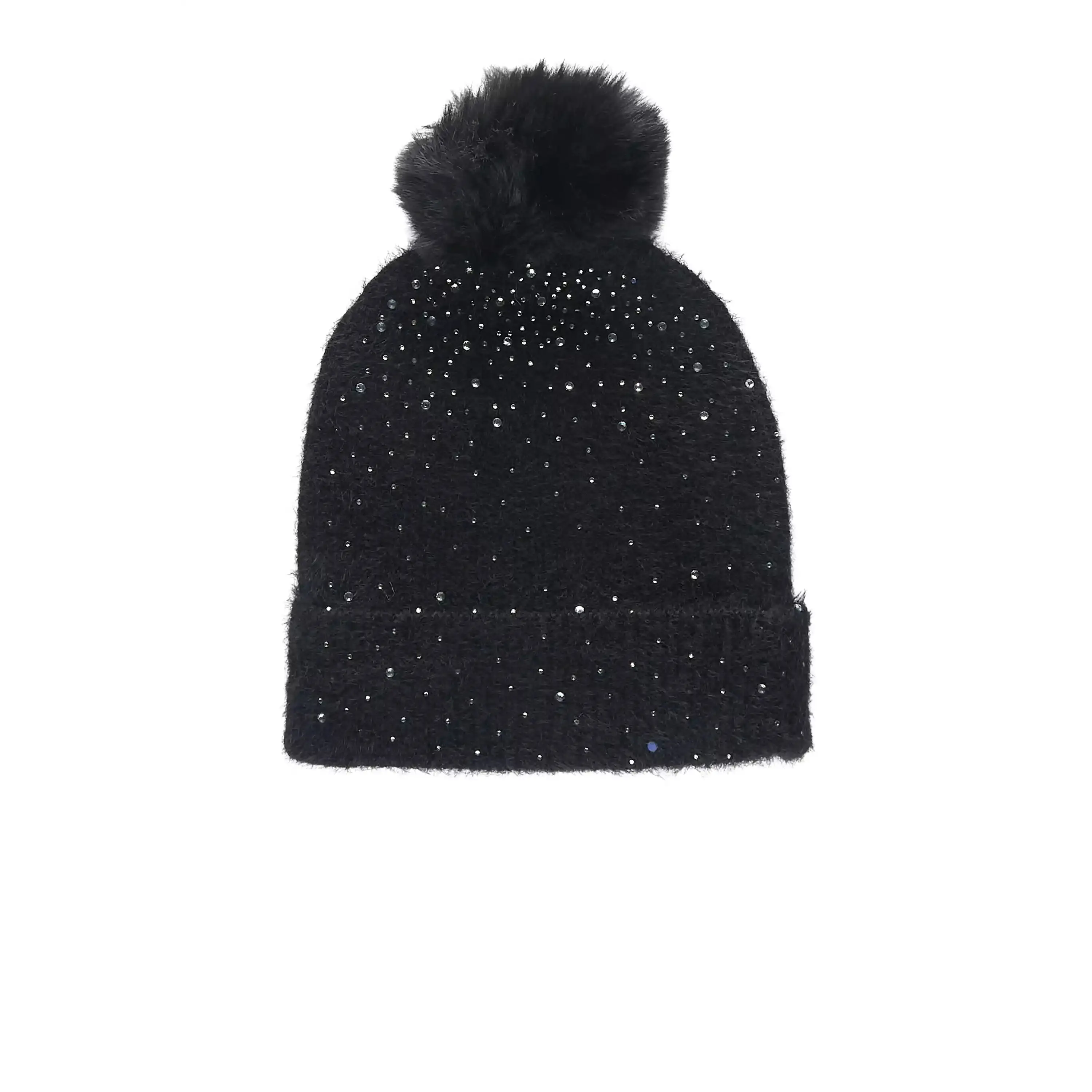 Tajuana Black Rhinestone Beanie With Fur Pom