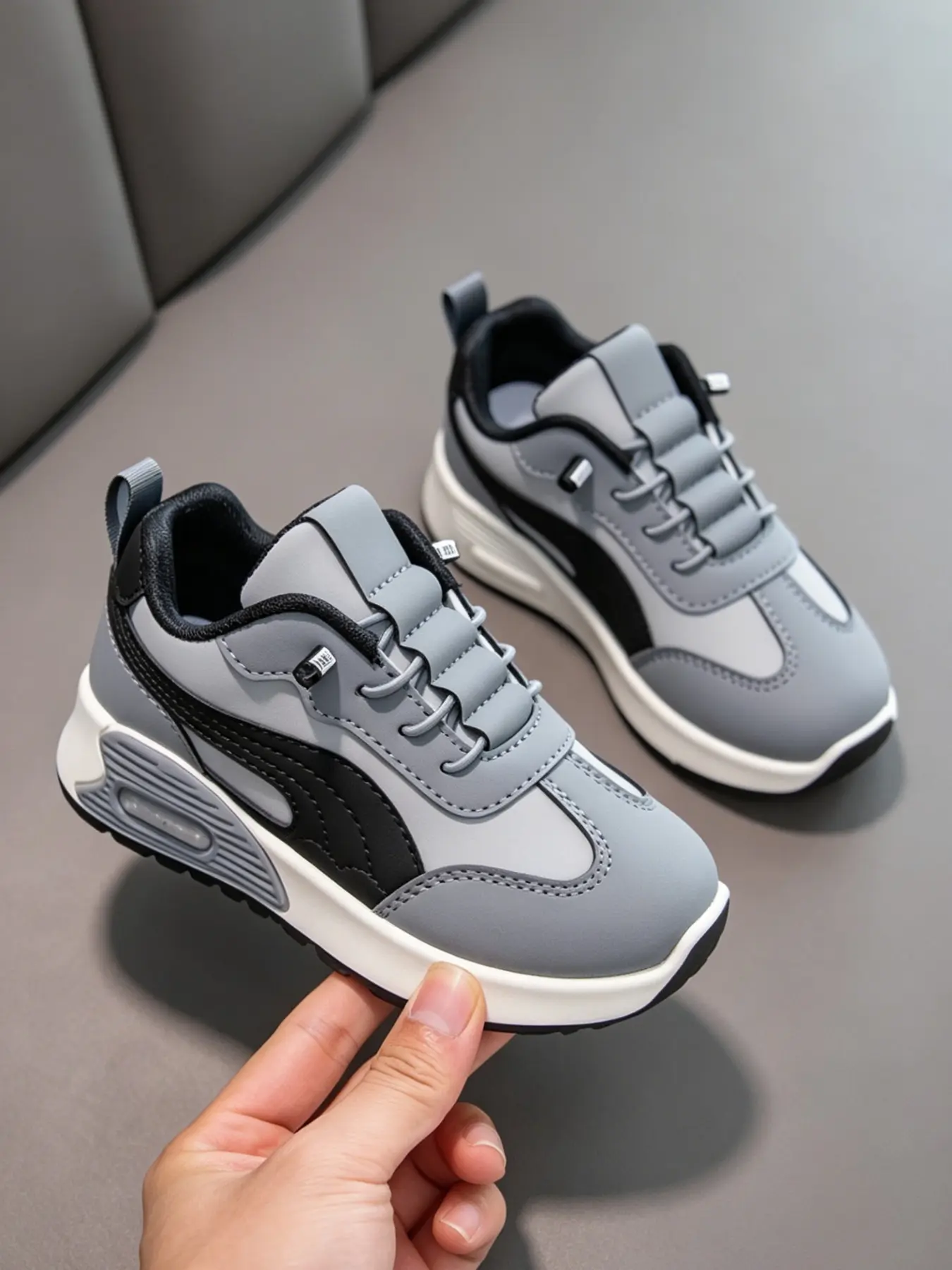 Spring Kids' Retro Casual Low Top Sneakers, Elastic No-Tie Lace Slip-On Chunky Trainers, Non-Slip Cushioned Casual Sport Shoes for Daily & Outdoor Play