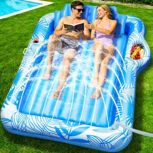 83" X 60" Inflatable Tanning Pool Lounger Float with Sprinkler, Extra Large Pool Float Adults with Pillow, 6 in 1 Suntan Tub Raft Floatie Toys with Drink Holder Sunbathing Water Filled Tanning Bed
