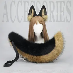 2Pcs/setAnimalFursuitEarsTailHalloweenPartyCosplayHeadwearPlushBeastWolfTailsFoxEarsHairBandFurryDogCOSTail