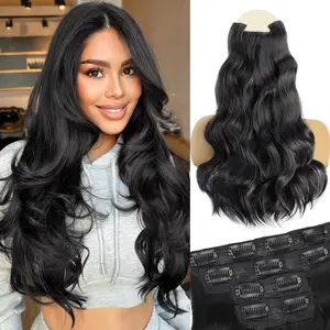 [Vigorous] Black Clip in Hair Extensions Long Wavy Synthetic Hairpieces for Women and Girls, Easy to Install for Daily Use and Event Party Use