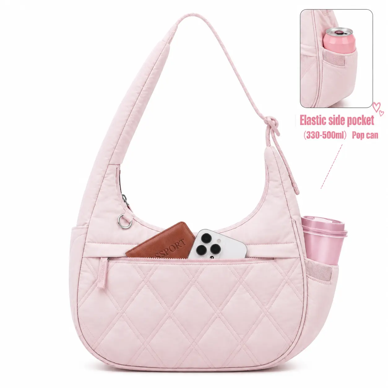 Five Seasons Home Quilted Crescent Shoulder Bag for Women Soft Nylon Multi-Pocket Everyday Organizer Lightweight Chic Design Pink Multifunctional with Elastic Side Pocket Casual Commuter Bag