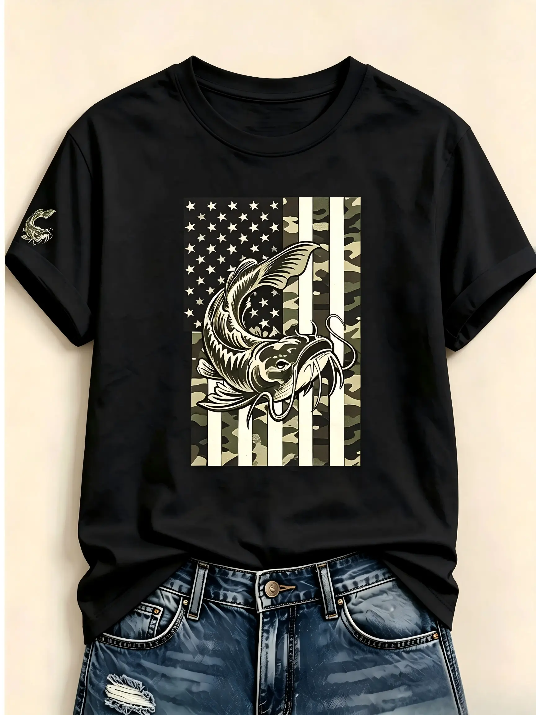 Women's Soft Vintage Round Neck Short-Sleeve Cotton Tee - Camo American Flag Catfish Double Print, Patriotic Outdoor Fishing Hunting Casual Street Outfit Top
