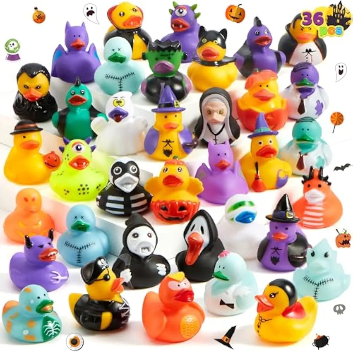 36 Pcs Halloween Ducks Bath Toys, Rubber Ducks Bulk for Halloween Party Favors, Mini Duckies Baby Bathtub Toys for Trick or Treating Goodie Bag Fillers, Classroom Prizes