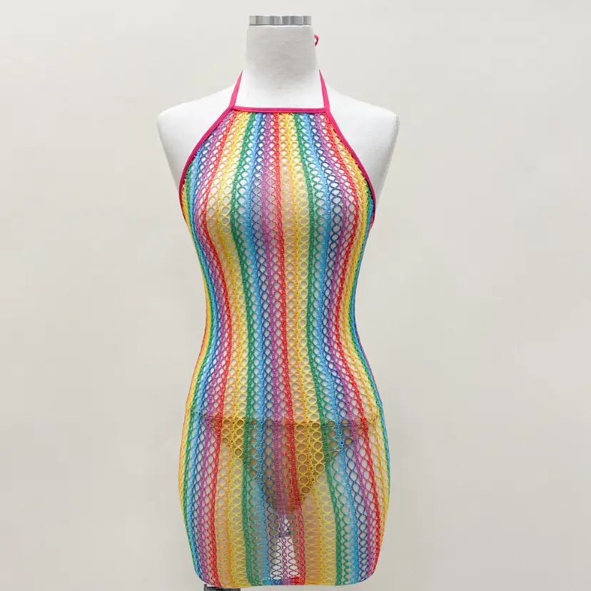 Sweet Surprise Lingerie Halter Neck Rainbow Rave Festival Fishnet Dress
