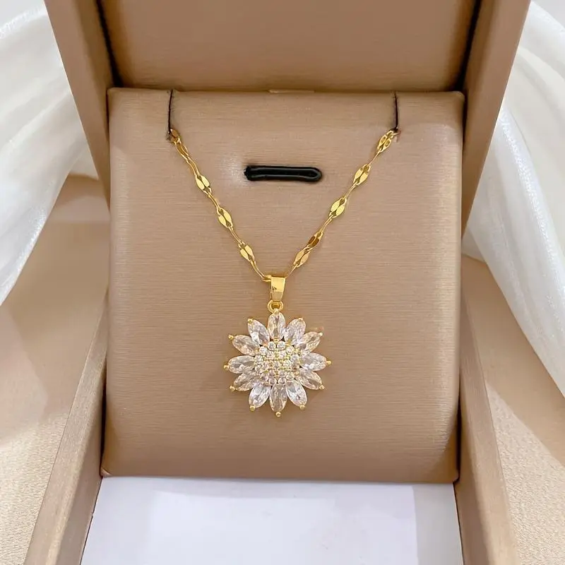 Female Non-Tarnish Titanium-Copper 2-Chains Sunflower Pendant with Zirconia, Delicate Casual Bone Chain Zircon Stones Necklace, Sports & Outdoor Protective Gear Accessory, Elegant Gift for Loved Ones