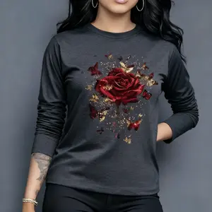 Women's Long Sleeve Tops Vintage Graphic Tees Women's Shirts Women's Graphic Tees Rose And Butterfly Print Retro - Style Top For Casual Daily Wear Outings And Fashion - Forward Style Statements