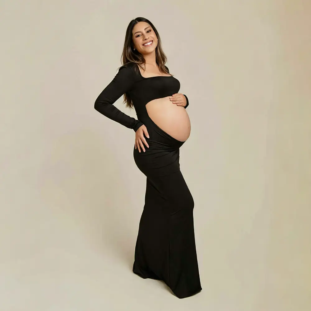 Women's Square Neck Cut-Out Backless Stretchy 95% Poly-Elastane Bodycon Maxi Dress - Below Ankle Maternity Wear for Baby Shower Photoshoot, Show Your Bump Long Sleeve Maternity Clothing