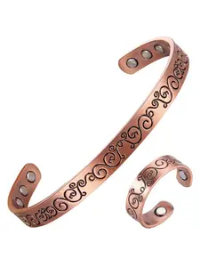 99.99% Pure Copper Magnetic Bangle Bracelet Set with Ring, Magnetic Bangle Jewelry, Adjustable Open Cuff, Plant Vine Design, Unisex Gift for Valentine's Day, Birthday, Christmas