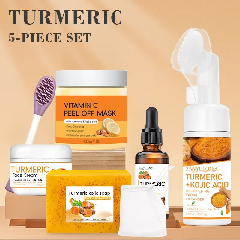 Turmeric skin cleaning and care 5piece set, Moisturizing Hydrating Kit, Moisturizing Revitalizing Set, Moisturizing, Hydrating, Cleanser, deep cleans and keeps skin moist. The set includes facial cleansing mousse, granular soap, mud film, face cream