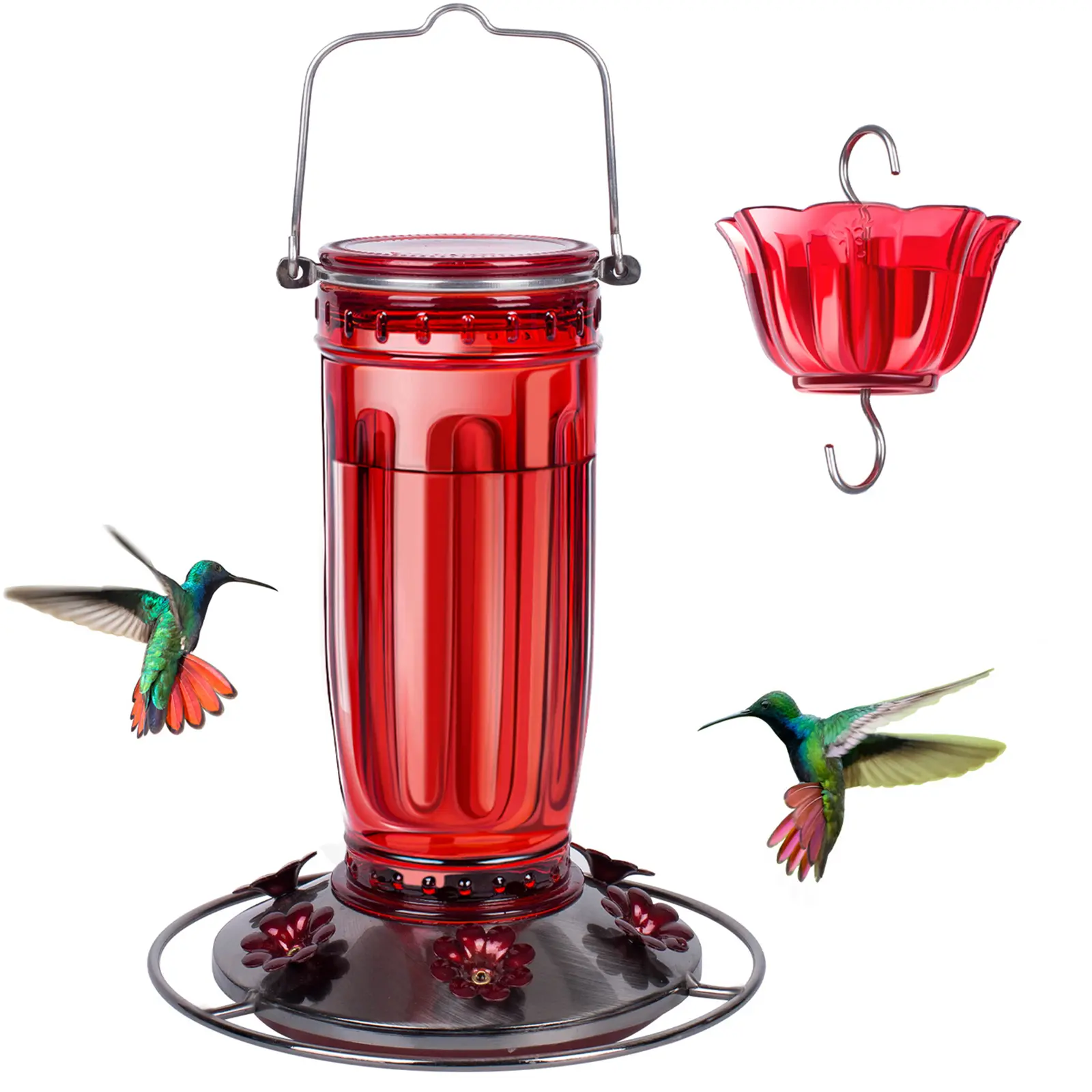 [SummerVibes]Kingsyard Hummingbird Season 2026 Hand-Blown Glass Feeder Leak-Proof Bee Guard 6 Ports for Spring Migration Garden Decor 16 oz Capacity Easy Refill Clean