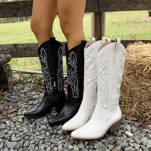 Women's Cowboy Boots 2025 New Wide Calves Western Embroidered Pointed Toe Thick-Heeled Retro Classic High Boots for Parties and Gatherings Cow Hide Casual White Knee-high Design