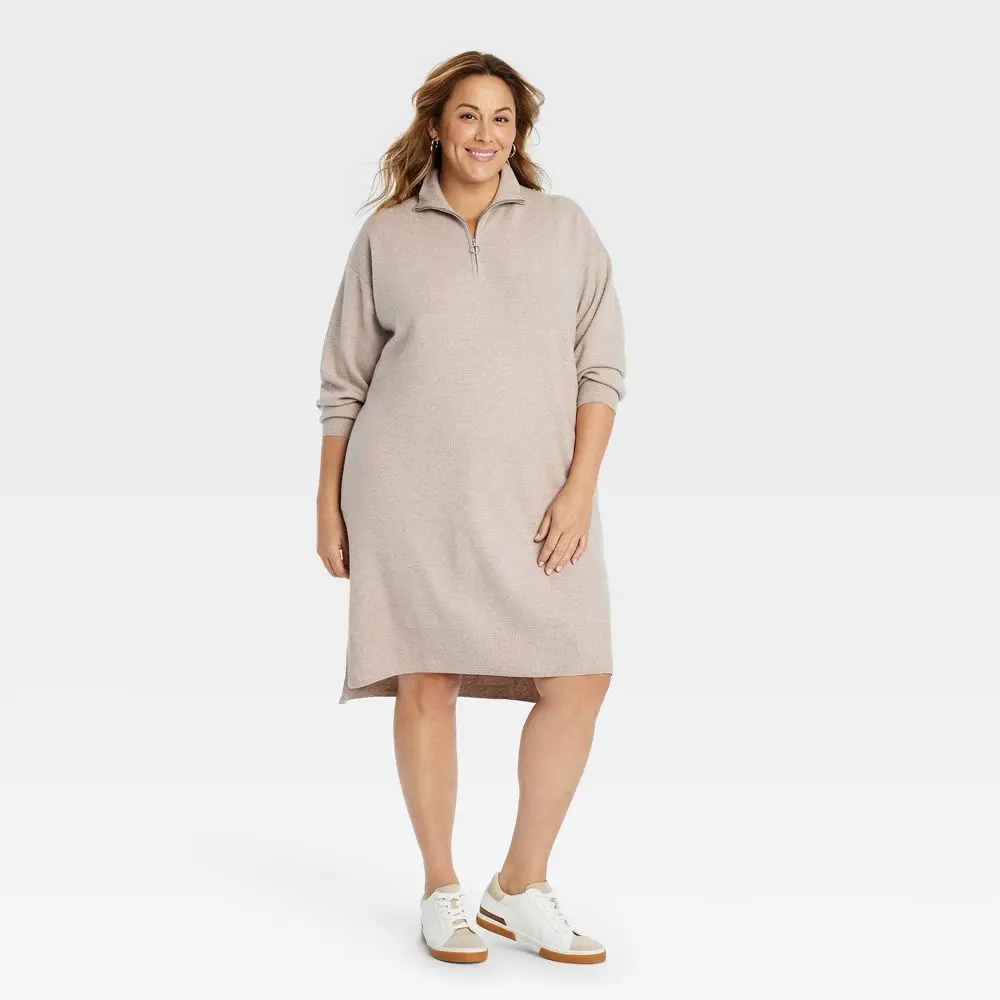 Women's Quarter Zip Long Sleeve Mini Sweater Dress - Ava & Viv Taupe 2X, Polyester-Nylon-Viscose Garment with Turtleneck