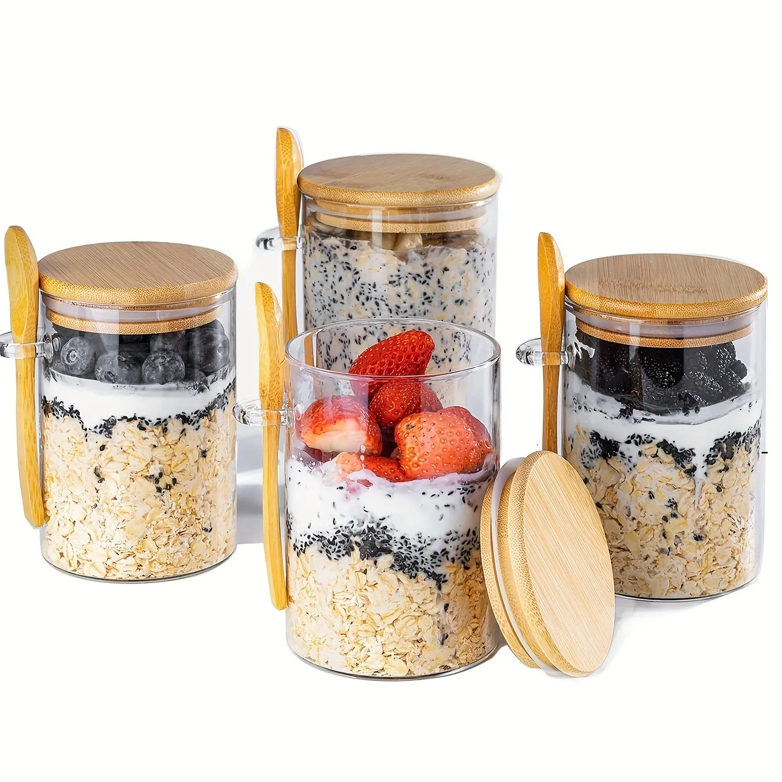 4-Pack 500ML Overnight Oat Cups, Oats Containers, Glass Cup with Bamboo Lid and Spoon, Reusable Glass Food Storage Snack Containers with Lids, Pearl-Level Packaging, Perfect for Picnic Takeout
