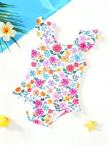 Colorful Floral Print Girls' Jumpsuit, Cute Cartoon Print, Ruffled Quick-Dry Kids Swimwear, Fashion Swimsuit, Beach Party