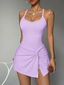 WAKYME Women's Cross Back Ribbed Tummy Control Skort Dress with Knot Front Asymmetrical Hem, Tennis Dress