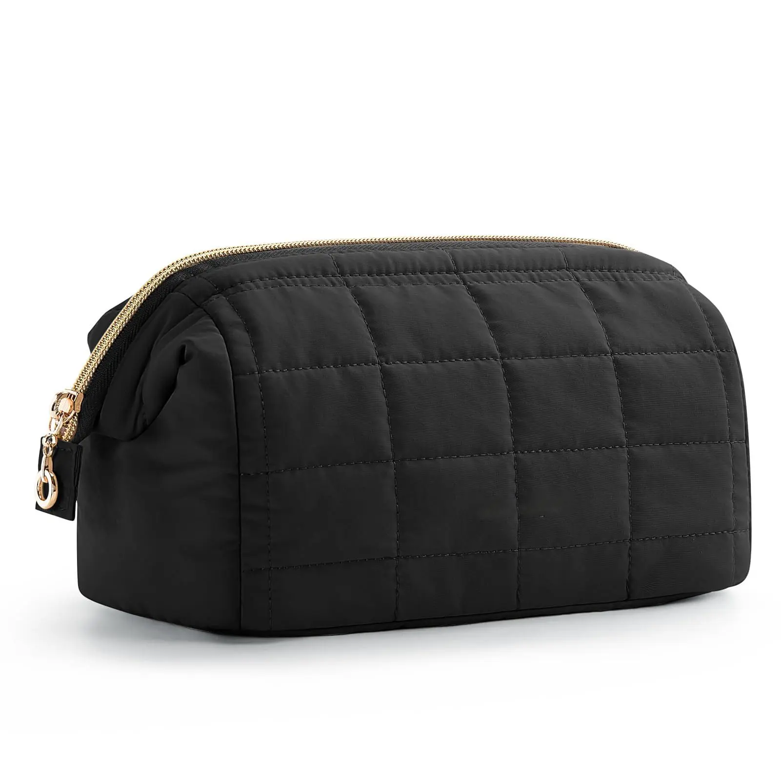 Makeup Bag Travel Toiletry Bag, Puffy Padded Make Up Bags for Women Makeup Organizer Case, Wide-open Pouch Purse Travel Essentials Toiletries Accessories Brushes Black