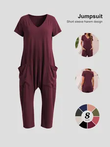 Women's Boho Bohemian Style Casual Harem Jumpsuit, V Neck Short Sleeve, Loose Fit with Pockets, Spring & Fall Fashion, Beach Vacation Wear