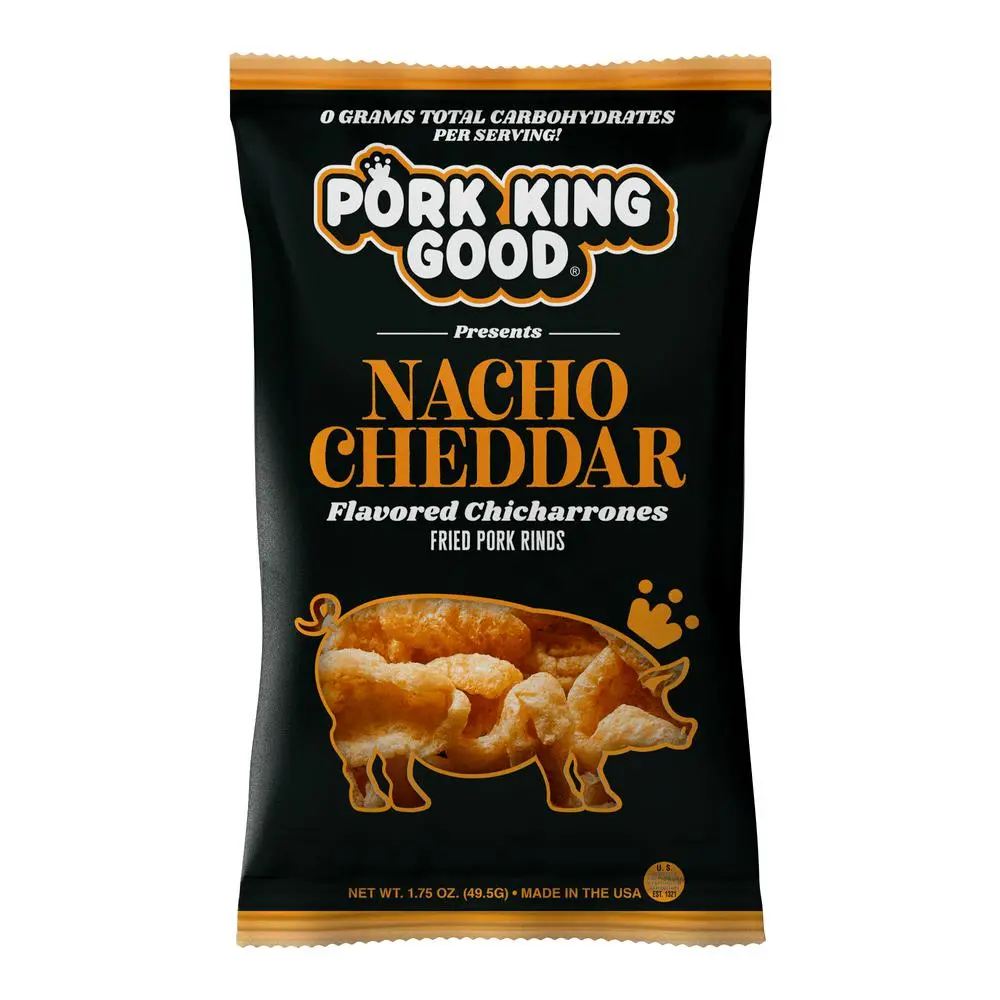 Pork King Good Nacho Cheddar Pork Rinds - 1.75oz Natural Salted Snack with Milk & Garlic Notes, Crispy Puffed Snack