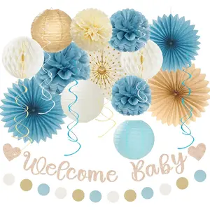 Light-Dusty Blue Boho  Shower Party-Decorations - 21 count Beige Champagne Boy Neutral Welcome  Banner Decor,Paper Lanterns Pom Poms Fan Supplies,Streamers Garland Wall Backdrop Favors