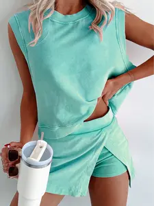 Women's 2 Piece Outfits Summer Sleeveless Muscle Tank Top and Asymmetrical Wrap Skort Sets Vintage Washed Casual Loungewear